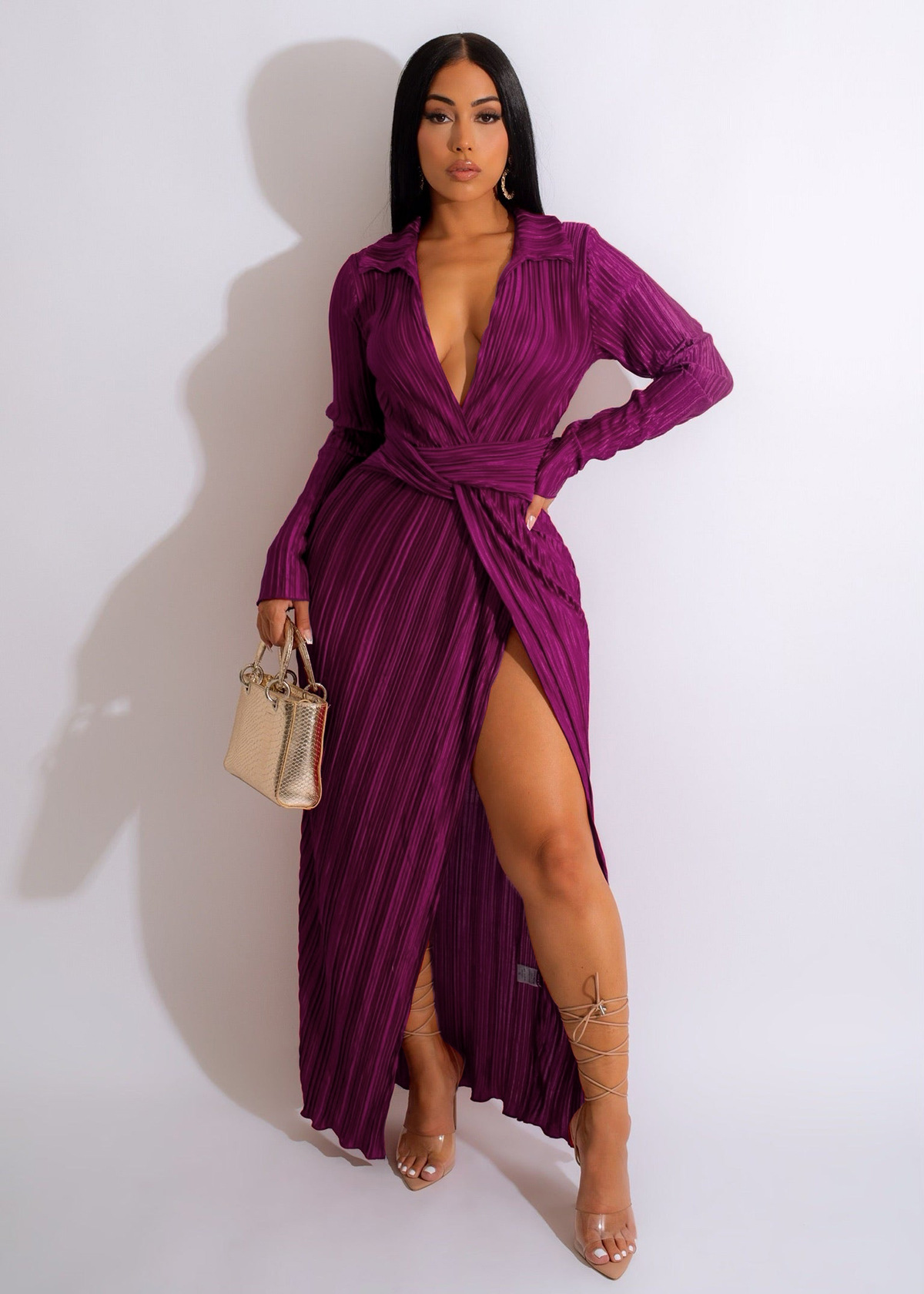 Autumn Sexy High Split Long Dress Women Pleated Chiffon Maxi Sundress Long Sleeve Turn Down Collar V Neck Party Dresses Robes alx