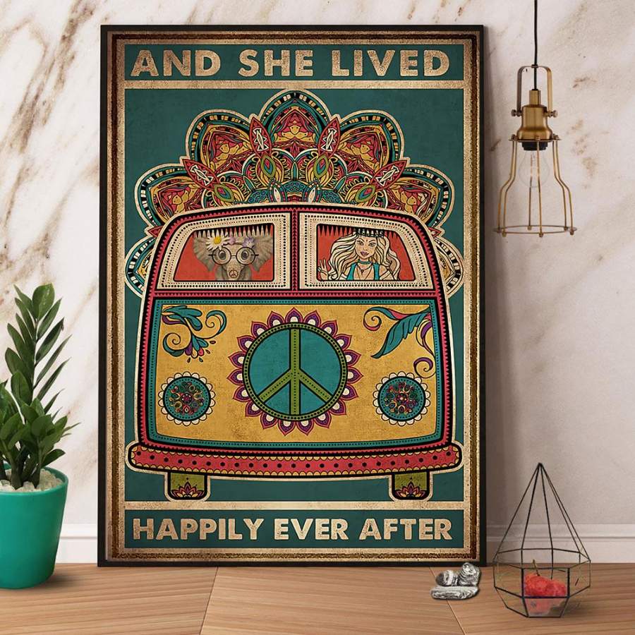 Hippie Bus Girl & Elephant And She Lived Happily Ever After Paper Poster No Frame/ Wrapped Canvas Wall Decor Full Size