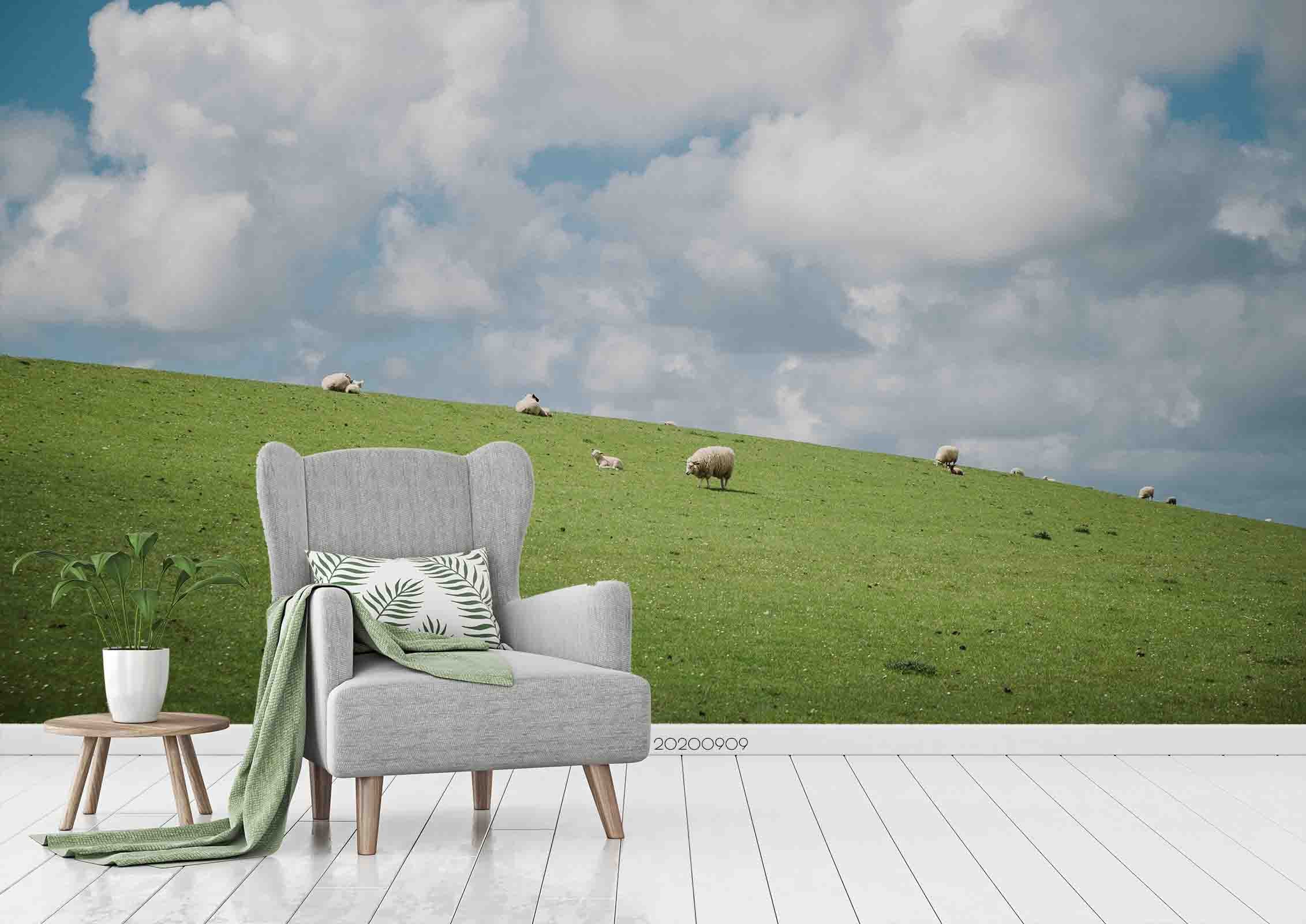 3D Sky Cloud Green Grassland Sheep Animal Wall Mural Wallpaper Lxl