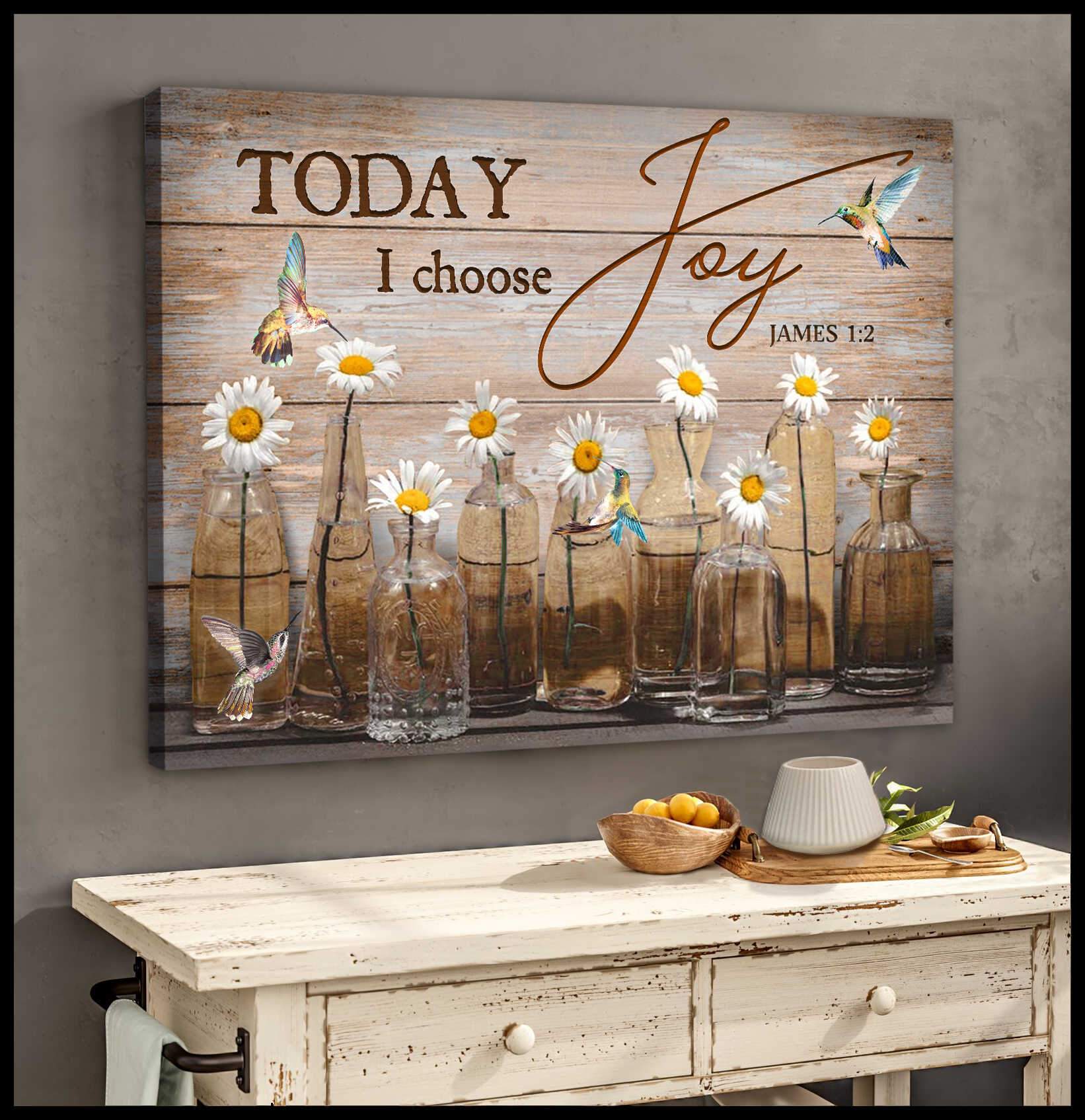 Vintage Rustic Wood And Bellis Perennis Mason Jars And Hummingbirds Today I Choose Joy Farm Farmhouse Canvas Poster Print, Canvas Wall Decor