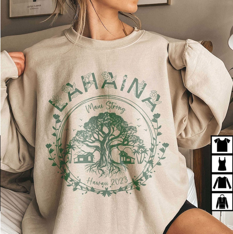 Supportive Golden Maui Strong Sweatshirt, Lahaina Banyan Tree,  Maui Hawaii Shoreline Sweatshirt, All Profits Donated Support Maui Fire Victims Sws2121