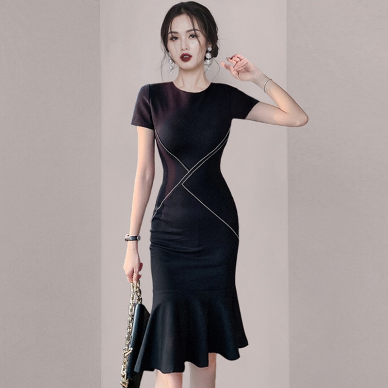 2021 summer fashion Temperament Women OL short sleeve O neck ruffled hip fishtail dress alx