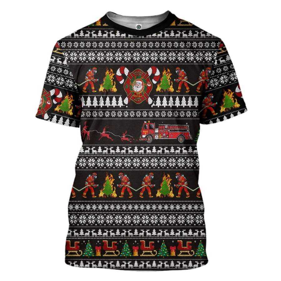 3D Santa Village Firefighter Ugly Christmas Sweater Custom Tshirt Apparel