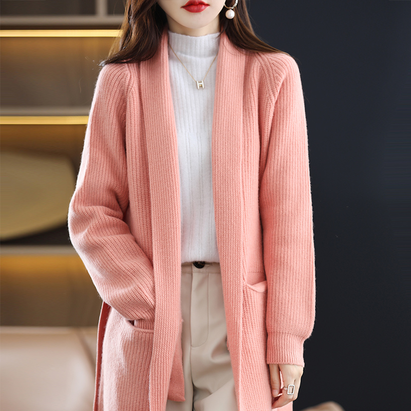 Autumn And Winter New Women’s V-Neck Mid-Length Coat With Pockets Loose And Versatile 100 Pure Wool Bottoming Knitted Sweater alx