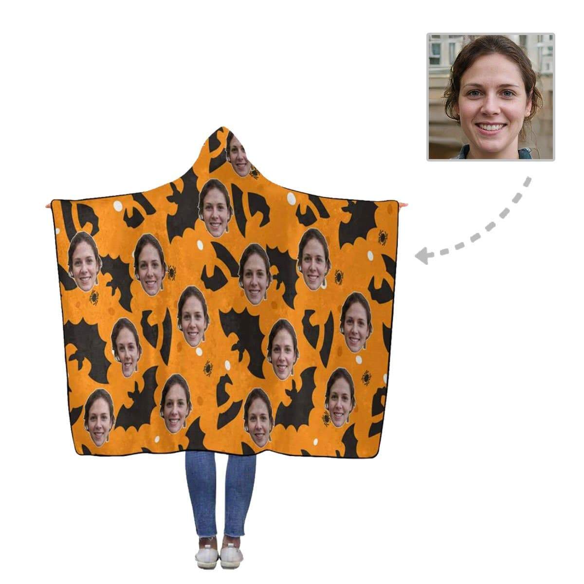 Custom Face Bat Orange Flannel Hooded Blanket