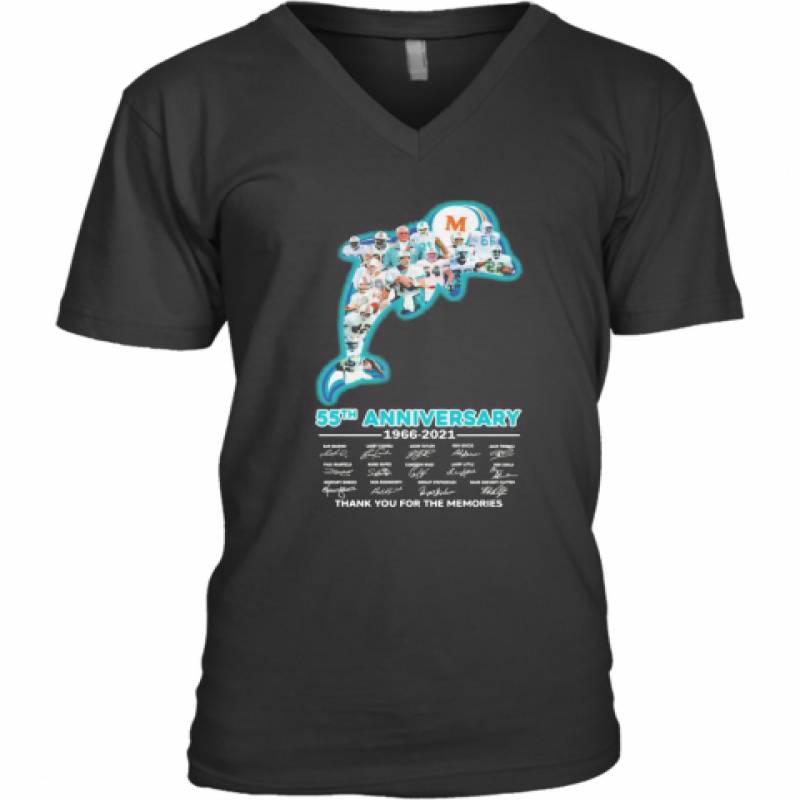 Miami Dolphins Logo 55Th Anniversary 1966 2021 Thank You For The Memories Signatures V-Neck T-Shirt