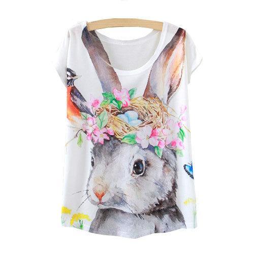 Watercolor Cute Rabbit Printed Short Sleeve Tees