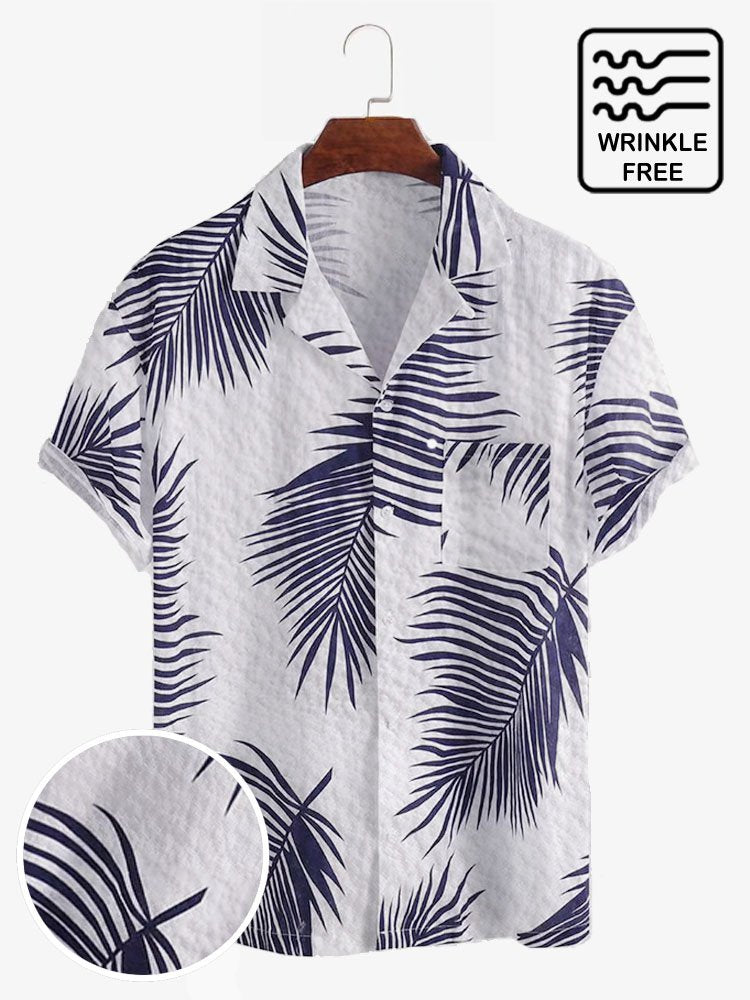 Palm Leaf Print Seersucker Wrinkle Free Short Sleeve Hawaii Shirt Ha96579