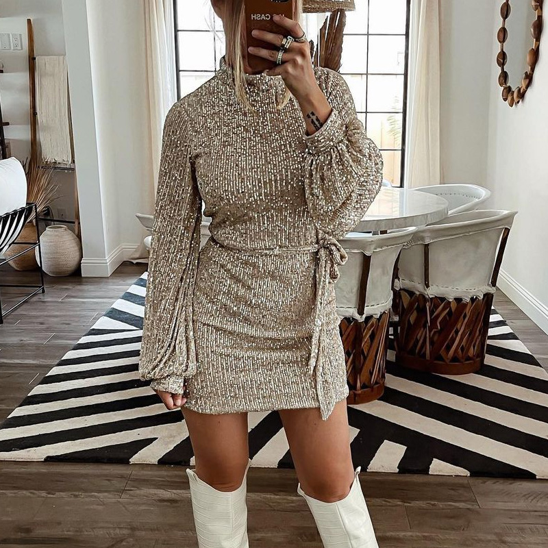 Autumn Winter Elegant Solid Sequin Party Dress Women Casual Long Sleeve A-Line Dress Lady Fashion Shiny Loose Mini Dress Vestido alx