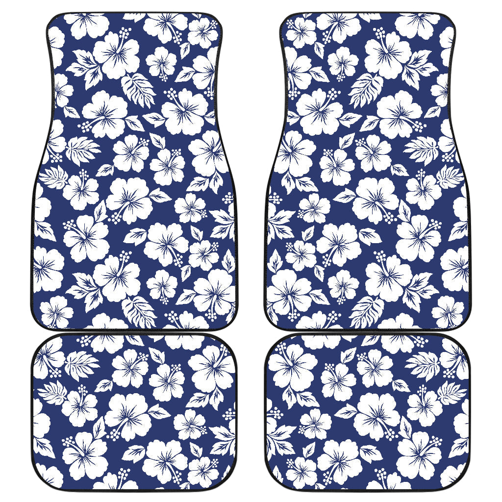 White Blue Hibiscus Floral Pattern Print Front And Back Car Floor Mats, Front Car Mat