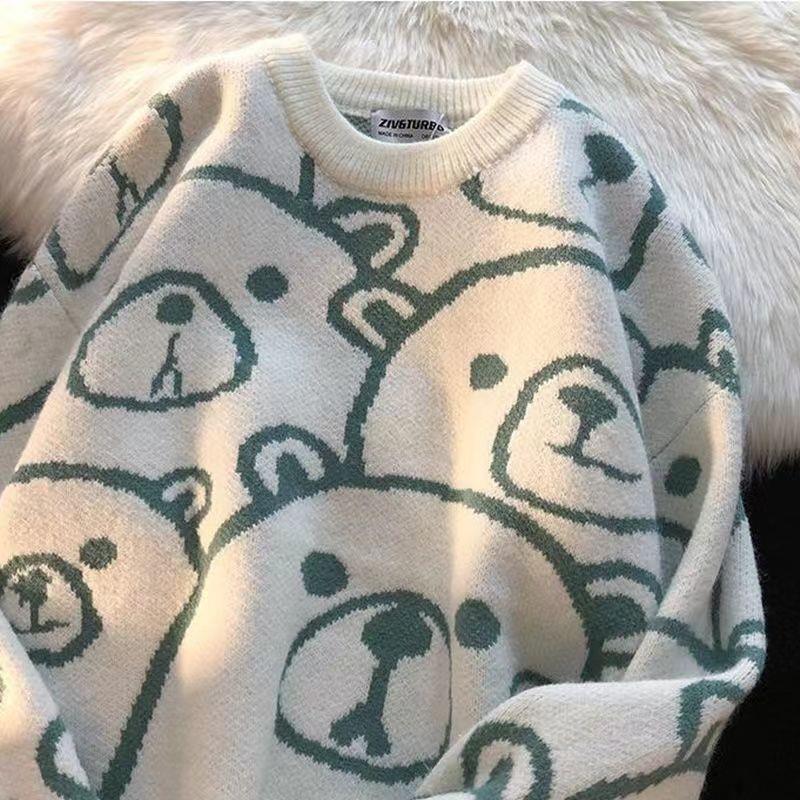 2022 Winter Thickened Warm Sweater Cartoon Bear Head Graphic Jumper Pullover Preppy Couples Hip Hop Streetwear Y2K Tops Casual alx