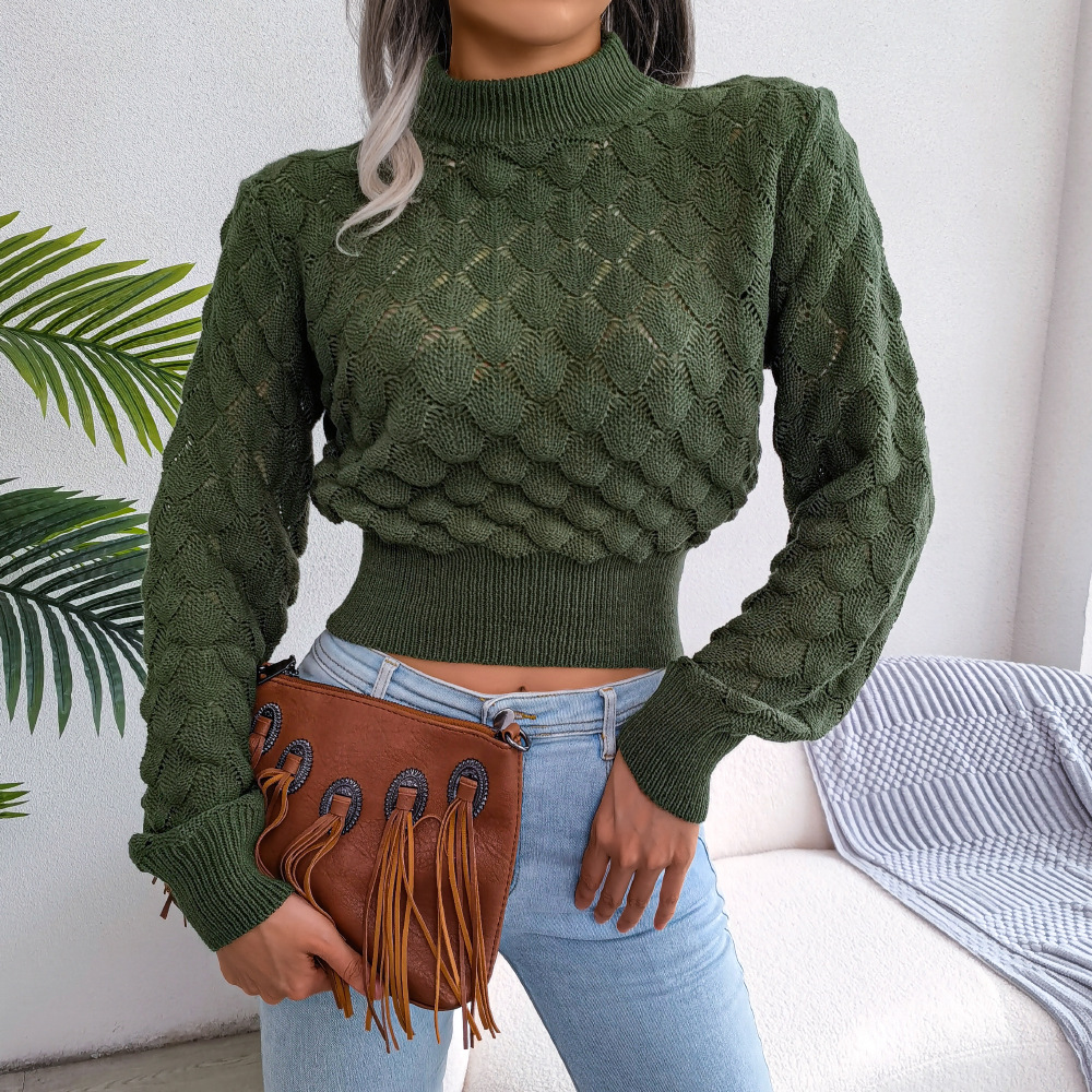 2022 New Women Fashion Fall Winter 3D Diamond Cutout Long Sleeve Solid Color Chic Crop Knit Sweater alx