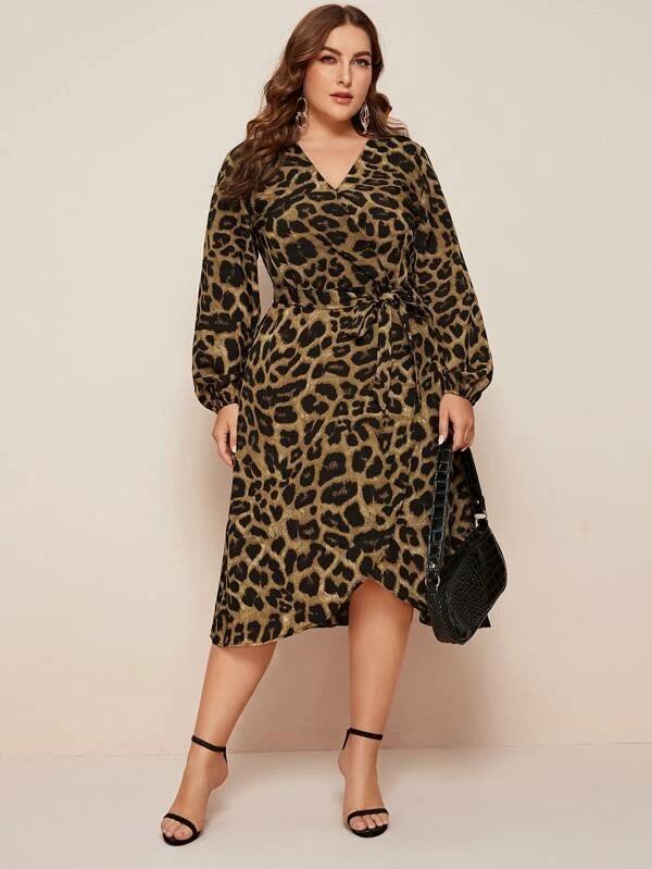 Women Plus Size V-neck Self Tie Tulip Hem Leopard Dress