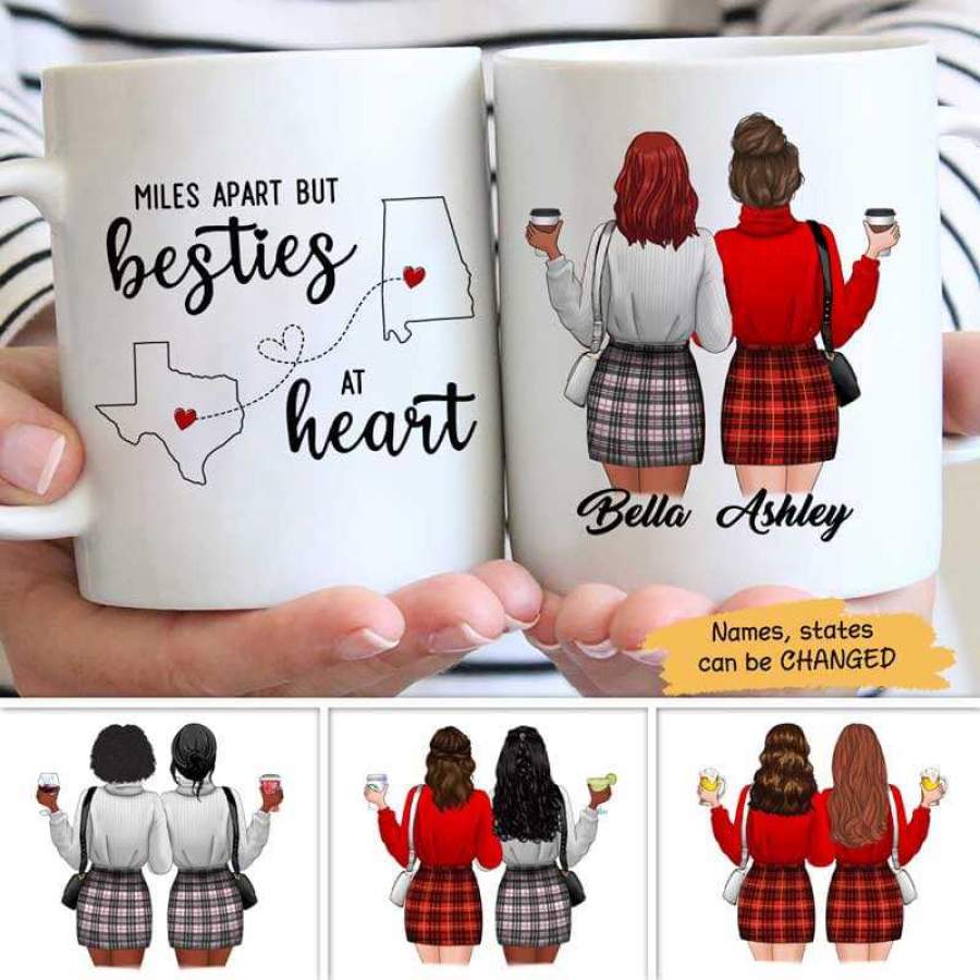 Long Distance State Outline Besties Checkered Pattern Personalized Mug