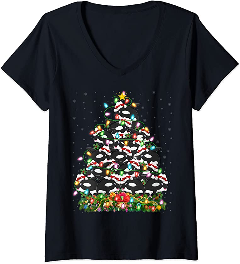 Womens Orca Lover Xmas Lights Santa Orca Christmas Tree V-Neck T-Shirt