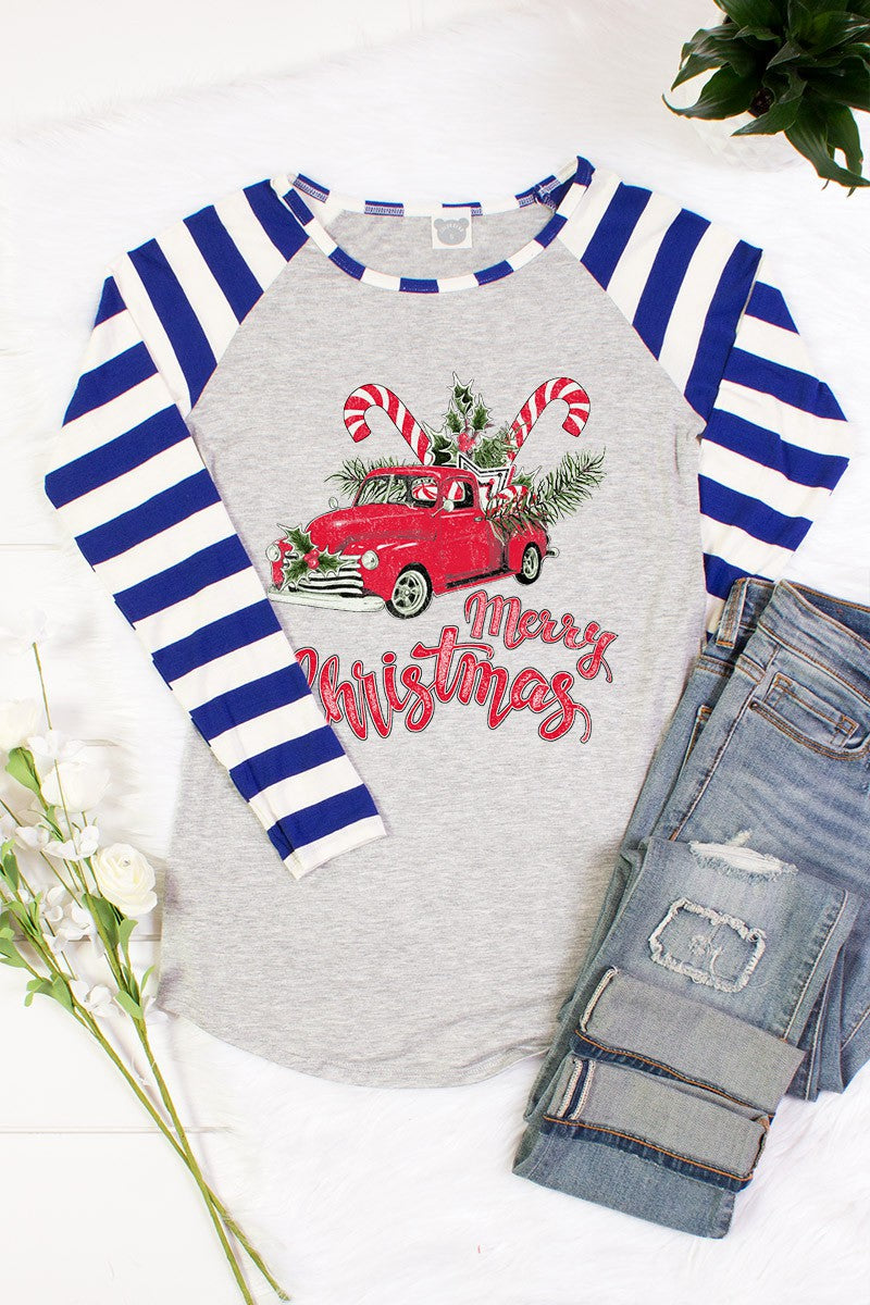 Sale Merry Christmas Truck Candy Cane Striped Sleeve Raglan Long Sleeve T-Shirt