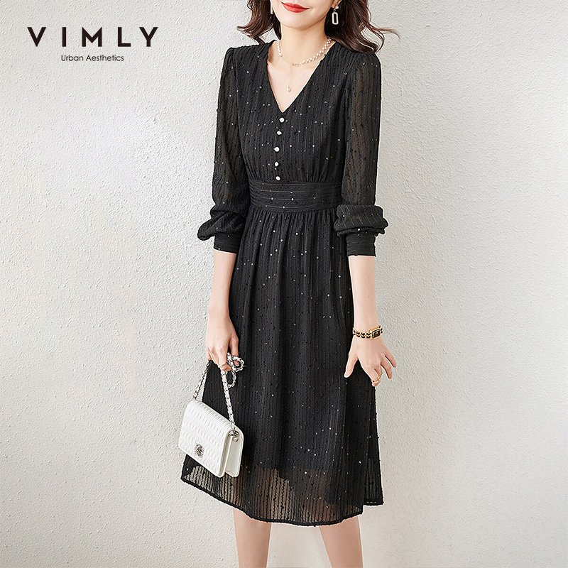 VIMLY Autumn Dresses For Women Clothing 2021 V-Neck Long Sleeve Korean Fashion Silm Sequins Elegant Dress Female Vestidos F8395 alx