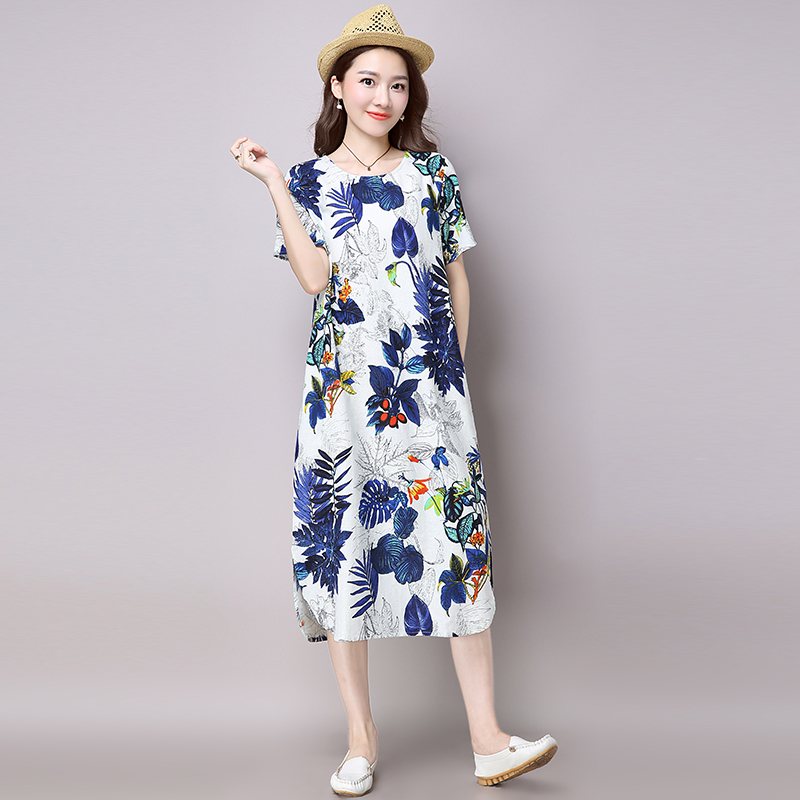 2022 New Arrival Short Sleeve Fashion Summer Dress Soft Linen Cotton Print Floral Vintage Dress Women Casual Dress alx