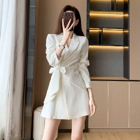 Women’s White Dress Short Spring Autumn Long Sleeve Suit Dress Bead Straps Women’s Trench Coat Jacket Grace Fashion Vintage alx