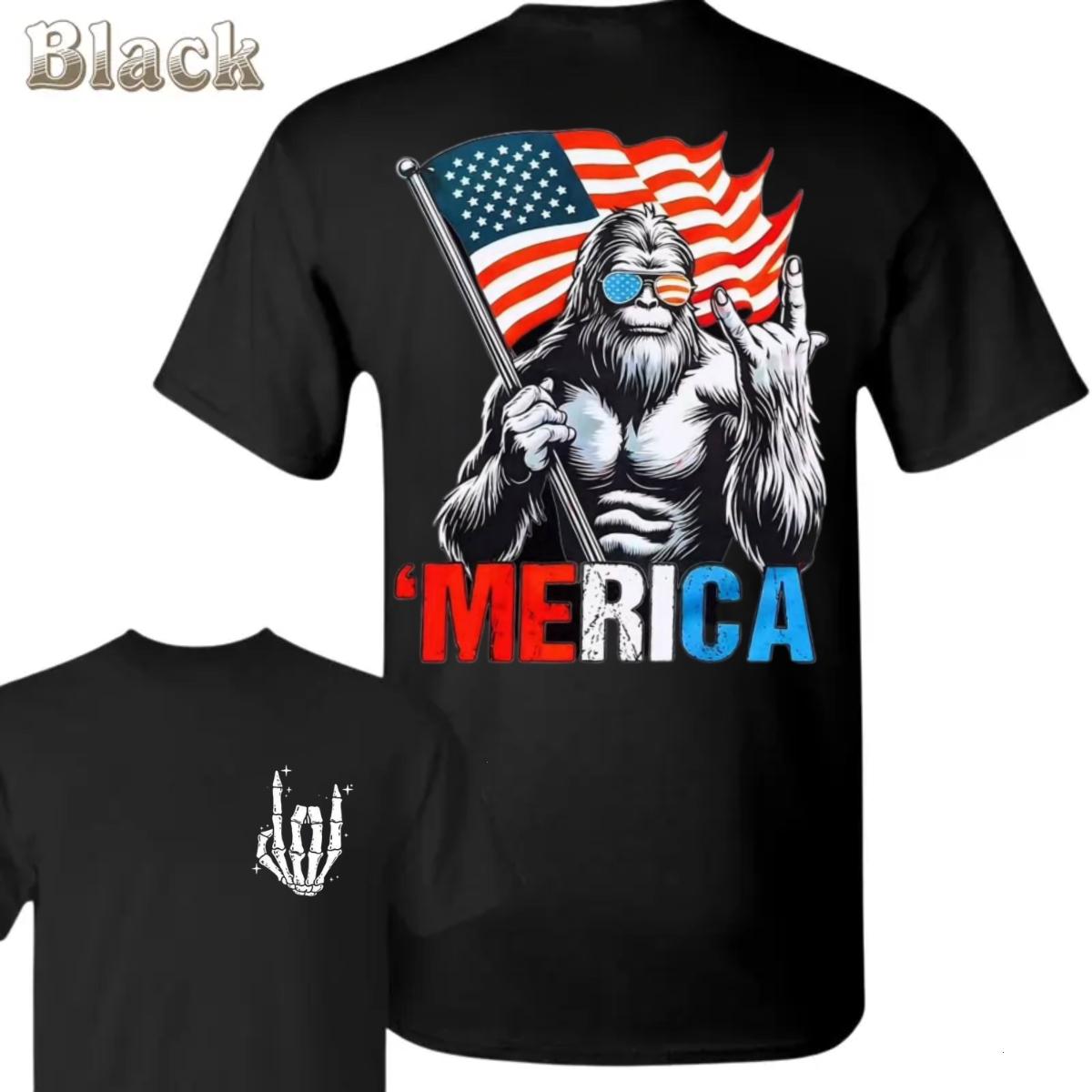 Merica T-Shirt, Bigfoot Holding Flag Graphic with Rock Hand Skeleton, Funny Patriotic Tee for 4th of July BBQ & USA Fans