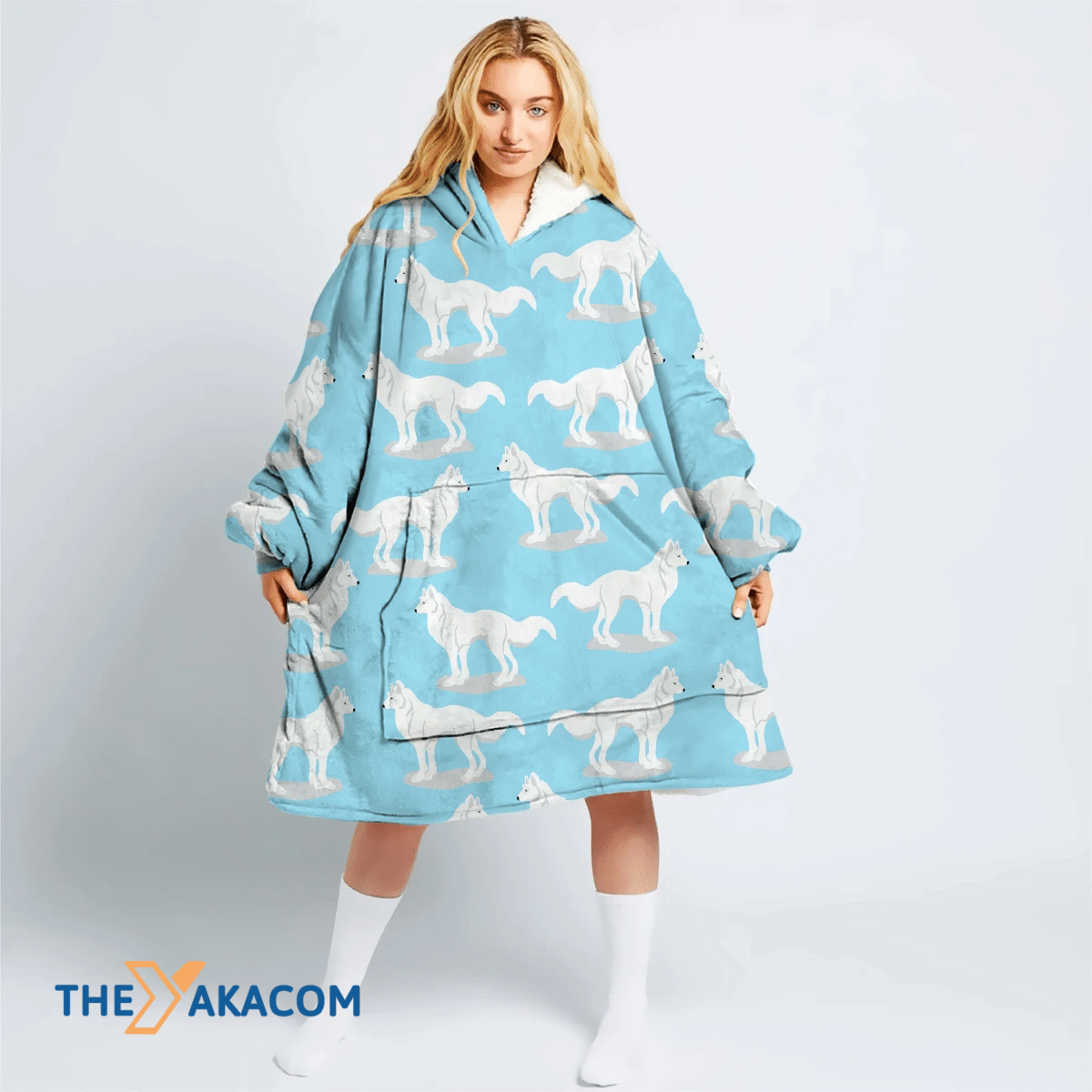 Christmas White Wolf Winter On Blue Background Hoodie Blanket