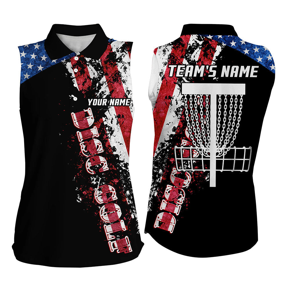 American Flag Patriotic Women’S Sleeveless Polo Shirt, Custom Team Disc Golf Basket Shirts