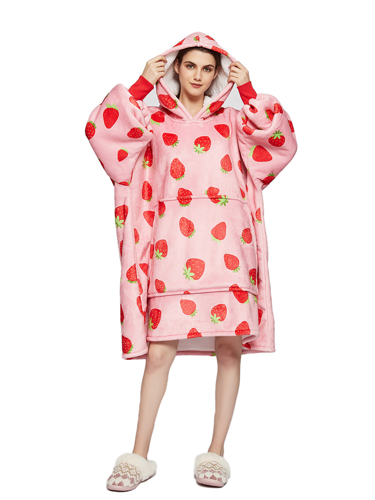 1.3KG Oversized Hoodie Double Weighted Strawberry Blanket with Sleeves Winter Fleece Sweatshirt Women Pocket Hooded Soft Blanket alx