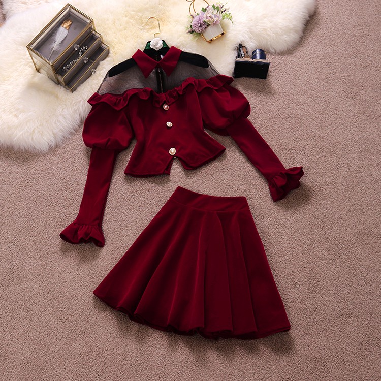 2022 autumn New Female Stand Collar Ruffles Velvet With Mesh Top Blouses + High Waist A-line Skirt Two-Piece Sets Women Suits alx