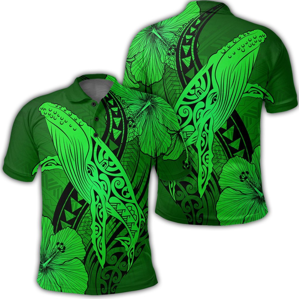 Hawaiian Map Whale Swim Hibiscus Polynesian Polo Shirt – Green