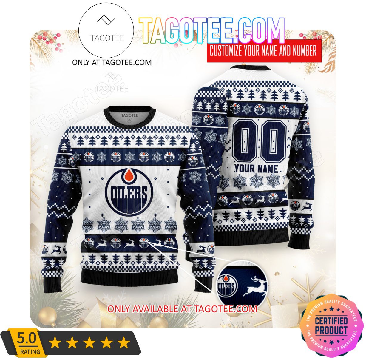 Edmonton Oilers Custom Name Number Navy Blue White Gift For Fan Ugly Wool Sweater Christmas