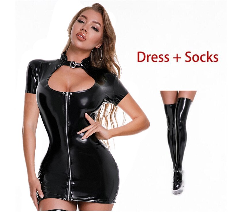 Women PU Leather Dresses Long Sleeve Zipper Wetlook Latex Sheath Clothing Sexy Woman Backless Breast Exposing Short Outdoor Wear alx