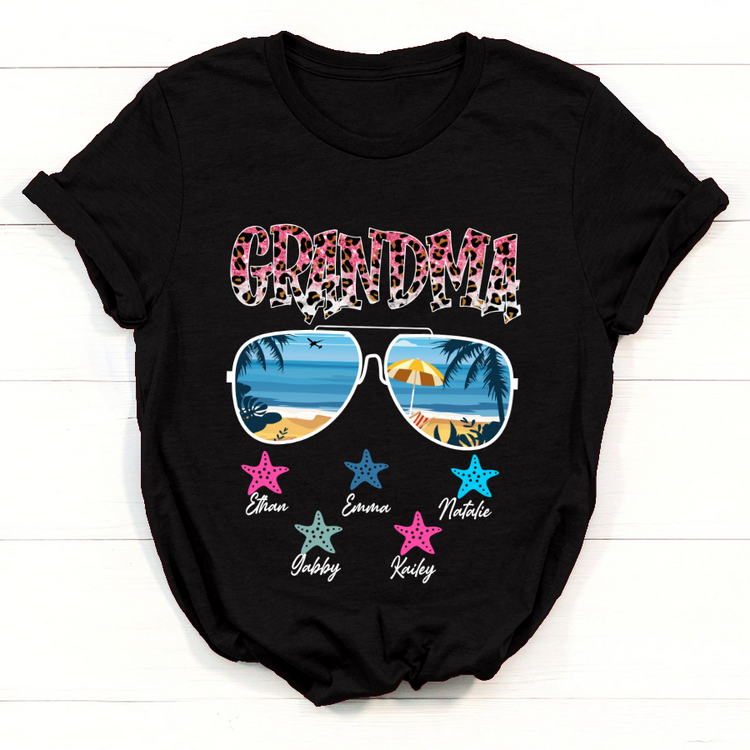 Personalized T-Shirt Blessed Grandma Summer Beach & Leopard Style With Glasses Printed Custom Grandkids Name