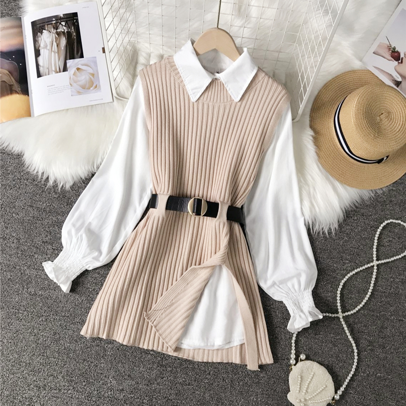 2 Piece Set Lantern Sleeve Shirt & Women Knitted Vest 2022 Casual Preppy Style White Blouse Sleeveless Sweater Tops Belt Sets alx