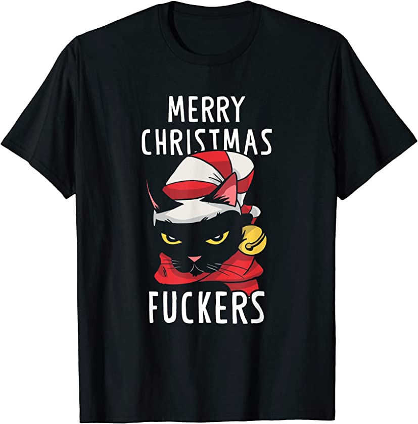 Merry Christmas Cat Black Kitten Santa Claus New Year X-Mas T-Shirt