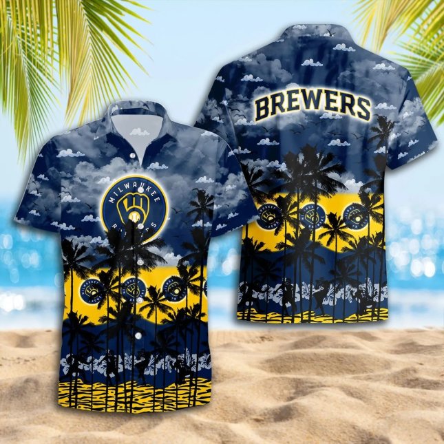 Milwaukee Brewers Hawaiian Shirt Sunset Palms Design