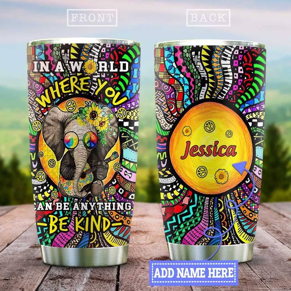 Hippie Elephant Doodle Personalized Tumbler Cup, Be Kind, Stainless Steel Insulated Tumbler 20 Oz, Tumbler For Travel, Special Tumbler For Birthday Christmas, Best Gifts For Hippie Lovers