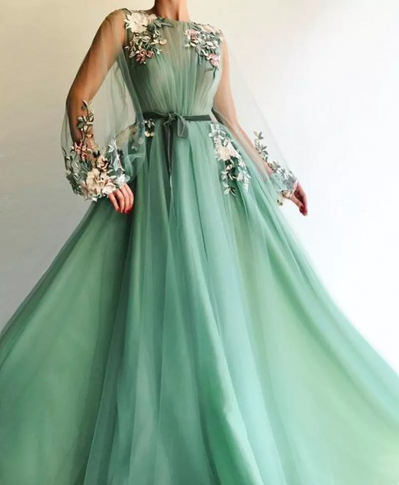 Illusion Long Sleeve Formal Evening Dress Tulle A-Line Applique Flowers vestidos de festa longo Mint Green Prom Dresses alx
