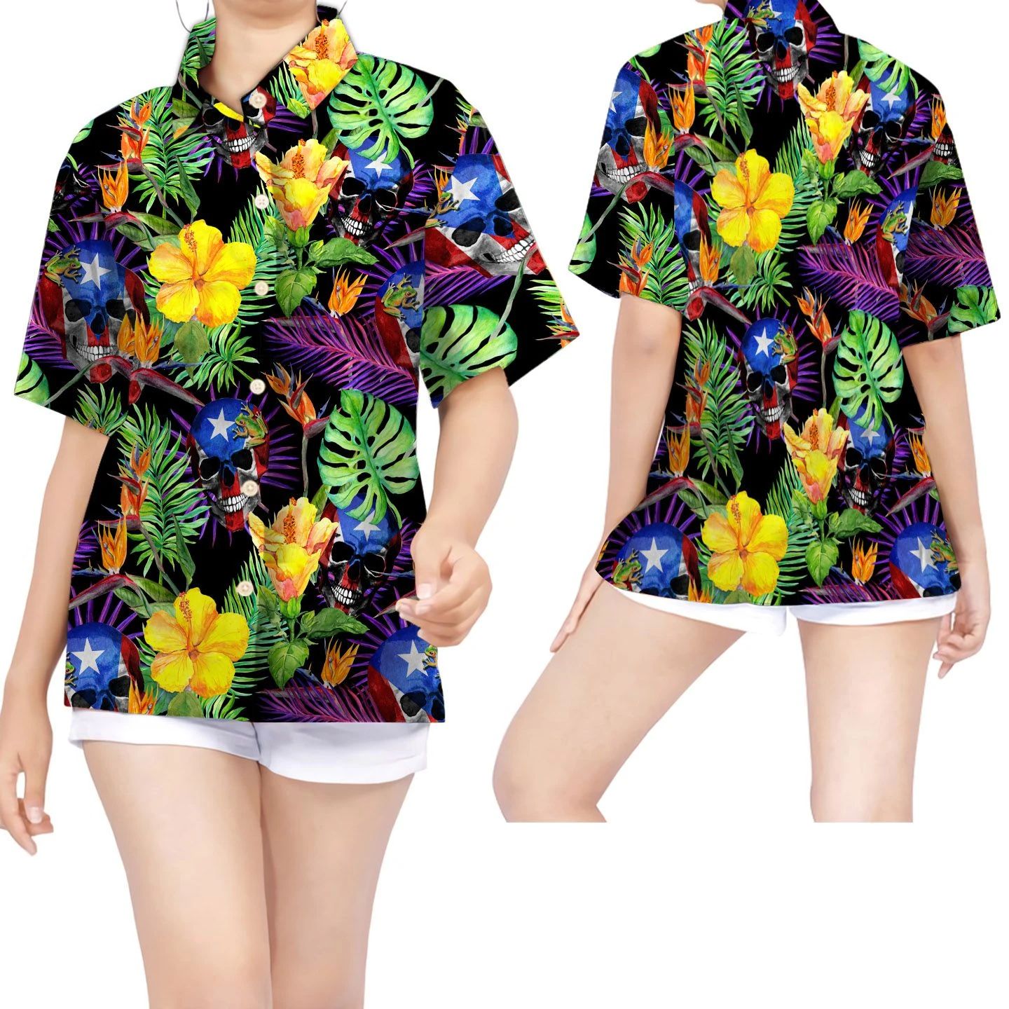 Puerto Rico Skull Tropical Flowers Women Hawaii Shirt For Ricans Ha40342