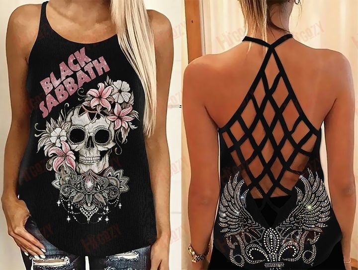 Black Sabbath Band Skull Criss-Cross Black Tank Top, Black Sabbath Band 3D Printed Criss-Cross Tank Top