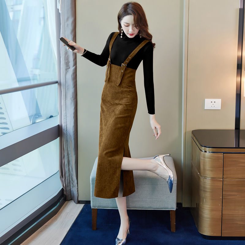 Autumn Winter New Fashion Two Piece Sets Knitted Sweater Top + Mid-calf Length Plaid Dresses Elegant Ladies Suit Vestidos H72 alx