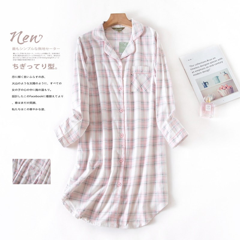 100% Brushed cotton nightshirts women nightgowns sleepwear casual plaid Plus size sleepdress Women night dress nightwear alx