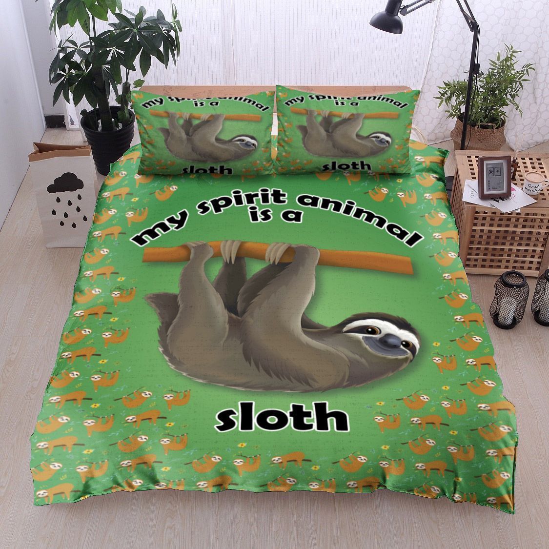 3D Green My Spirit Animal Is A Sloth Cotton Bed Sheets Spread Comforter Duvet Cover Bedding Sets