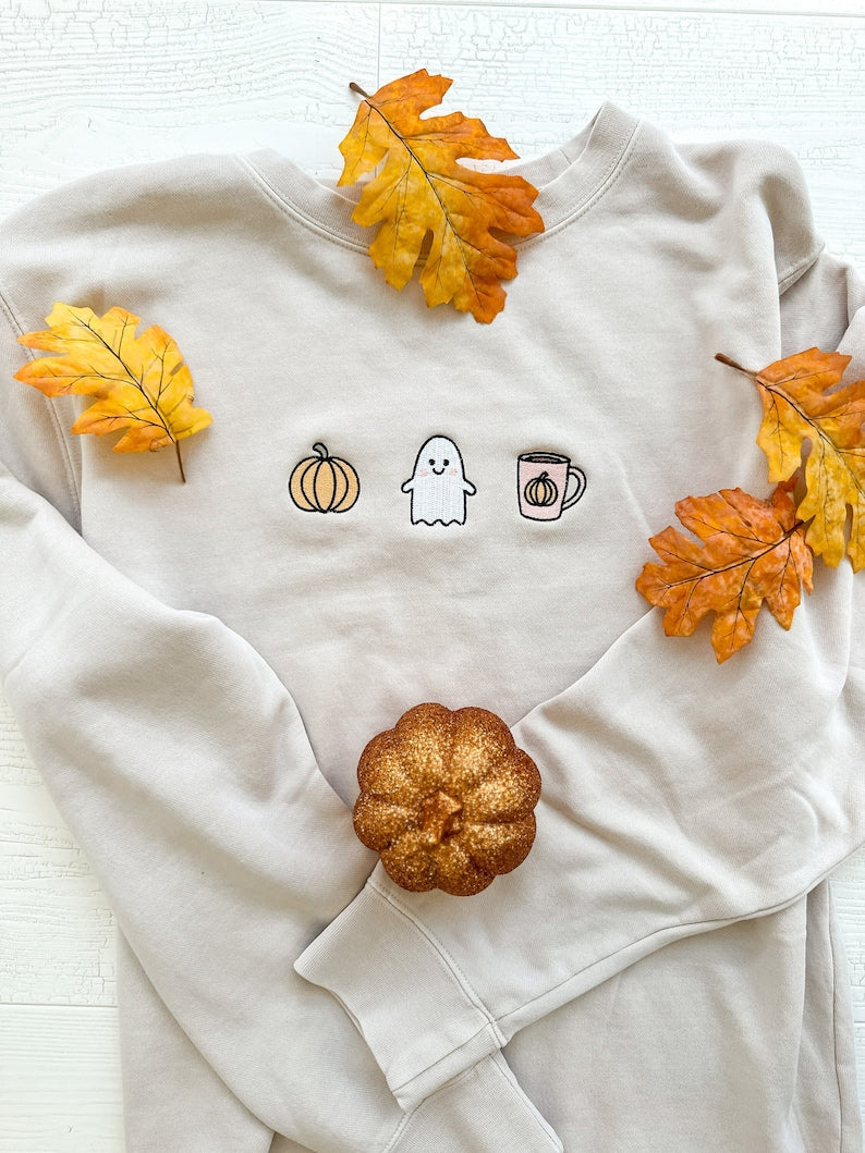 Cute Ghost Fall Halloween Embroidered Sweatshirt 2D Crewneck Sweatshirt All Over Print Sweatshirt For Women Sweatshirt For Men Sws4108