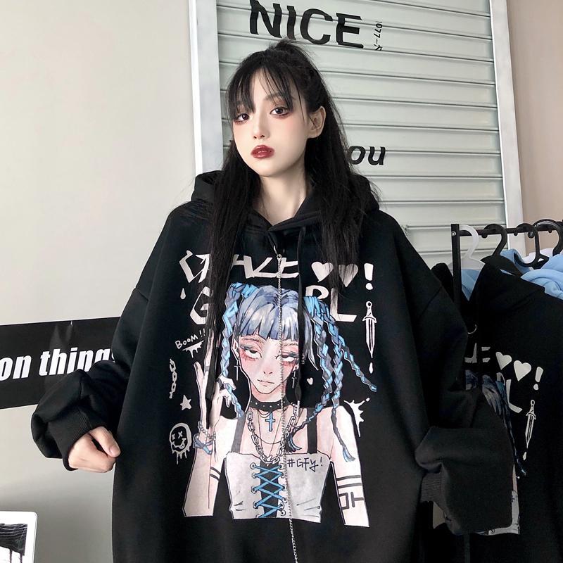 Harajuku Japanese Girl Alphabet Print Long-Sleeved Chain Hoodie Spring And Autumn Loose Pullover Hooded Sweater Top Cow Print Alx Shirtdays