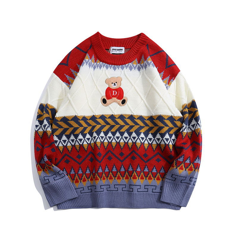 Ugly Christmas Sweater Cute Bear Tops Oversize Men High Street Knite Sweater Casual Loose O-Neck College Style Pullover Couples alx