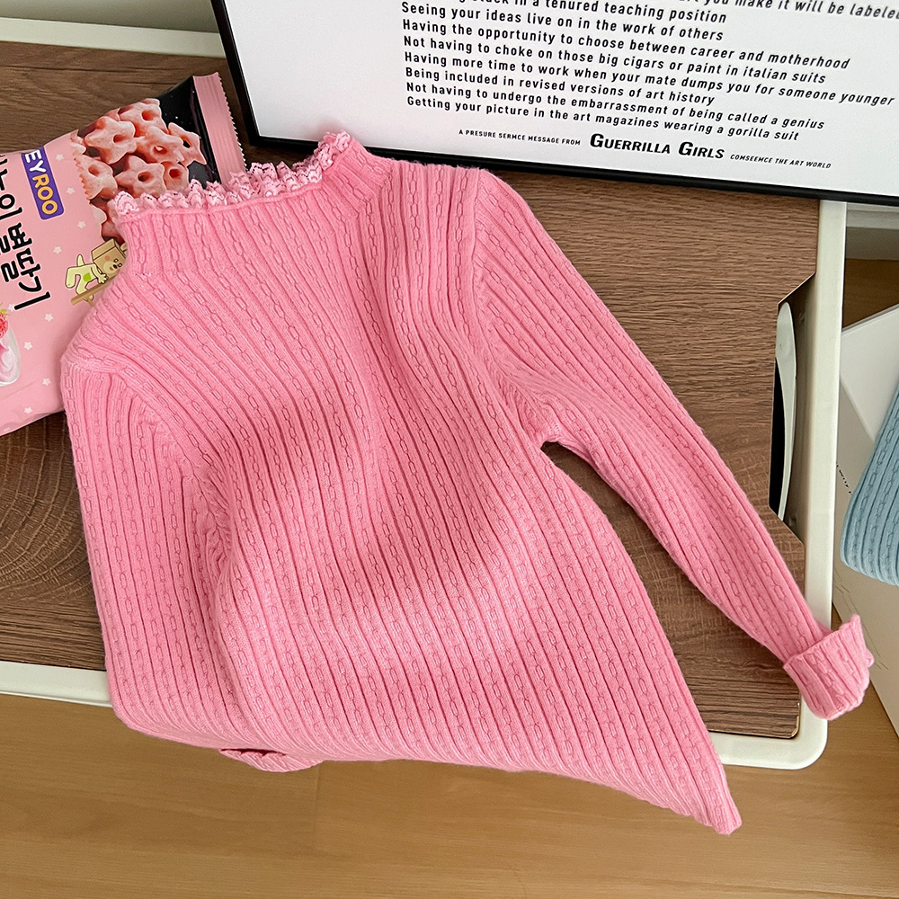 Autumn Kids Sweaters Girls Knit Pullover Solid Lace Neck Sweater Children Knit Wear Cute Princess Basic Shirt alx