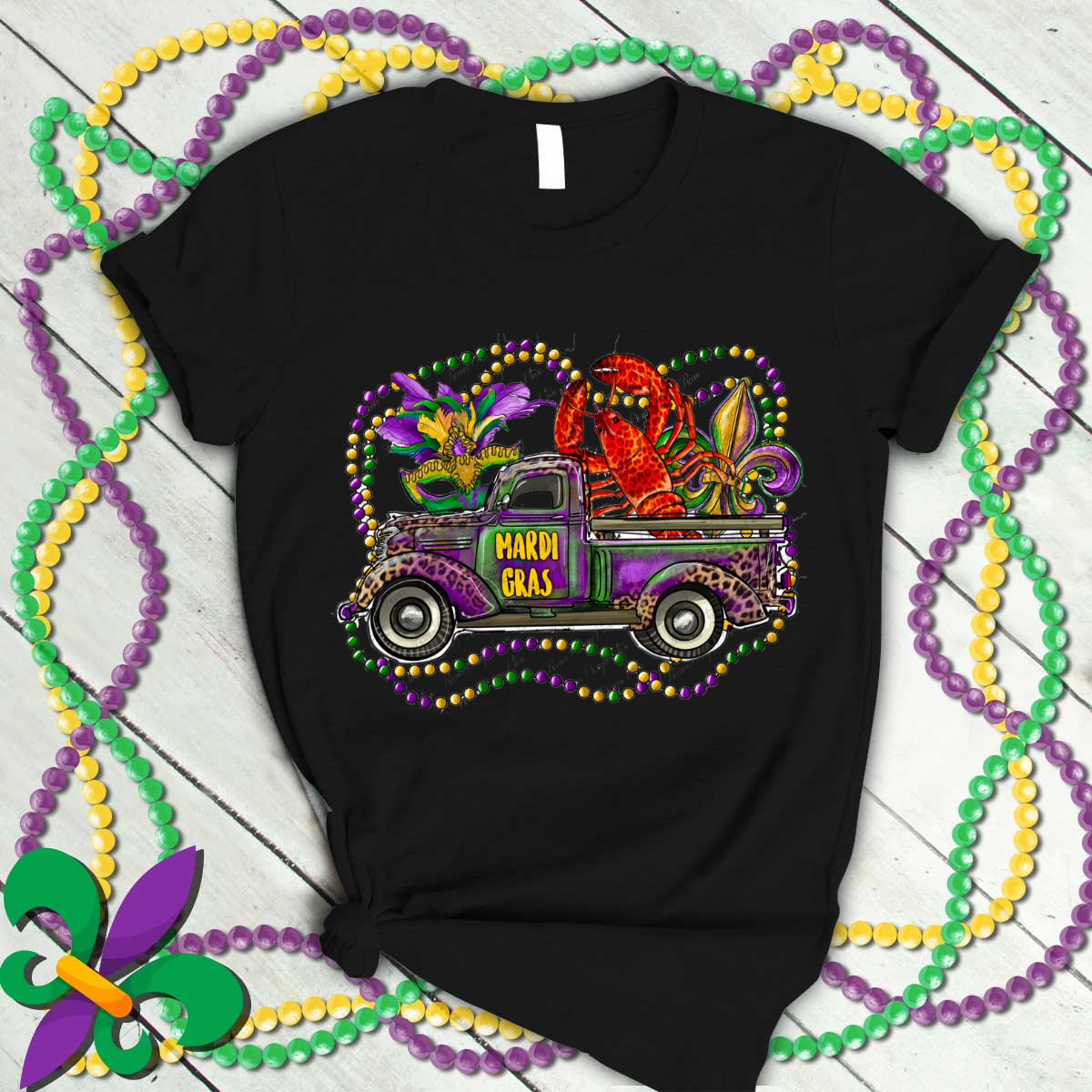 Mardi Gras Truck With Mask Fleur De Lis And Crawfish T Shirt T-Shirt