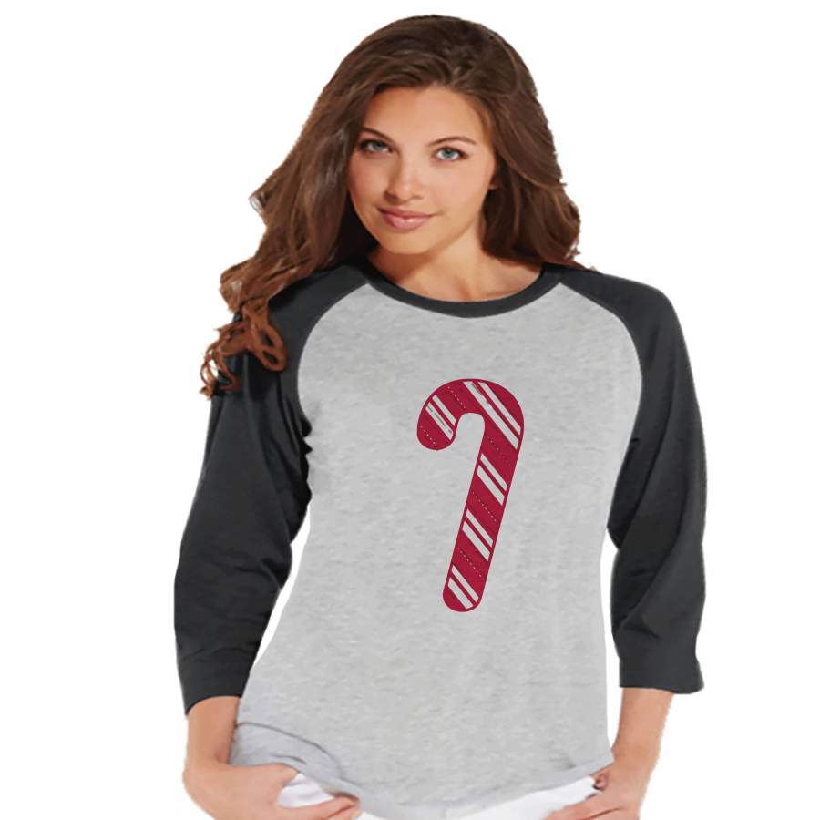 Women’s Christmas Shirt – Candy Cane Shirt – Mom Christmas Present Idea – Family Christmas Pajamas – Grey Raglan Tee – Christmas Gift Idea