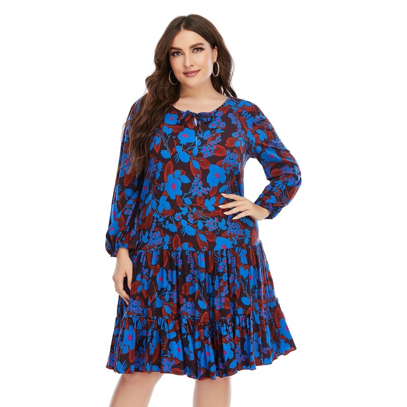 Women’s Floral Print Dress Plus Size Midi Dress Chic Beach Dress Long Sleeve Round Neck Party Dress Summer Holiday Dress alx