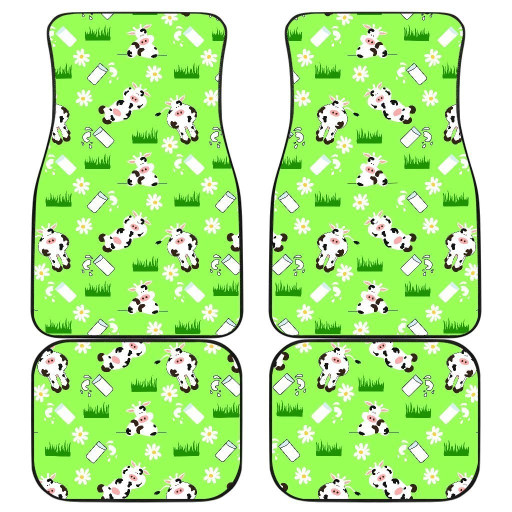 Cartoon Daisy And Cow Pattern Print Front And Back Car Floor Mats, Front Car Mat